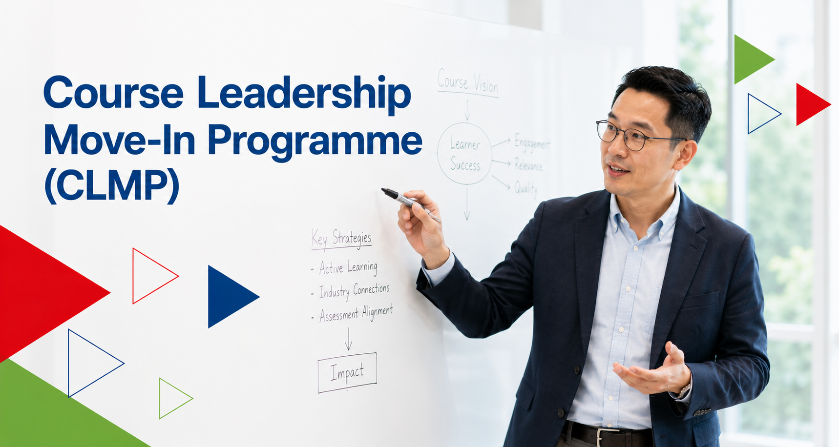 Shows a course manager/leader in a bright, contemporary campus learning space engaged in leading their course lecturers infront of a whiteboard